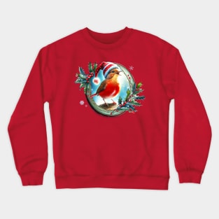 A red bird in a Christmas hat singing on a branch inside a festive winter frame of mistletoe and winter berries and snow flakes Crewneck Sweatshirt